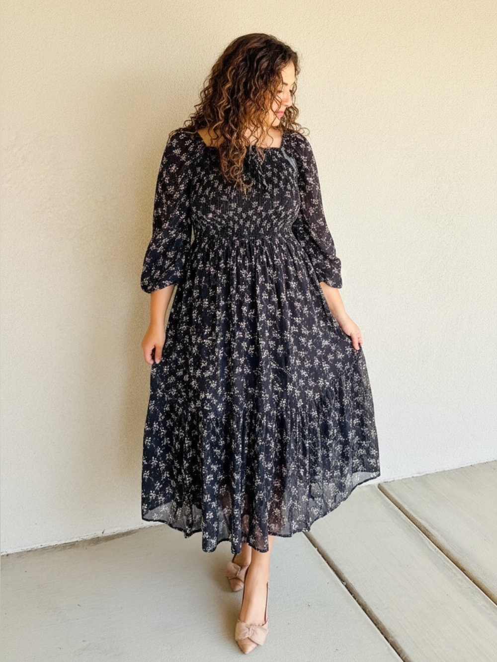 Smocked Black Floral Long-Sleeve Maxi Dress - Picture 2 of 8